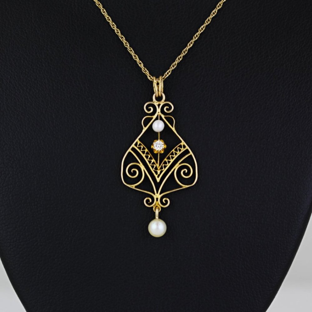 Vintage Art Deco 14k Yellow Gold Chain 10k Diamond Pearl Pendant Necklace 1930s
